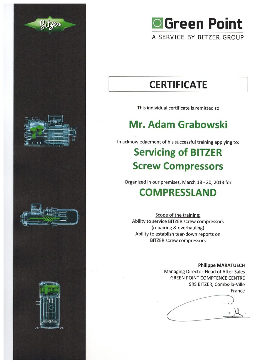Certyfikat Bitzer Green Point — serwis sprężarek śrubowych