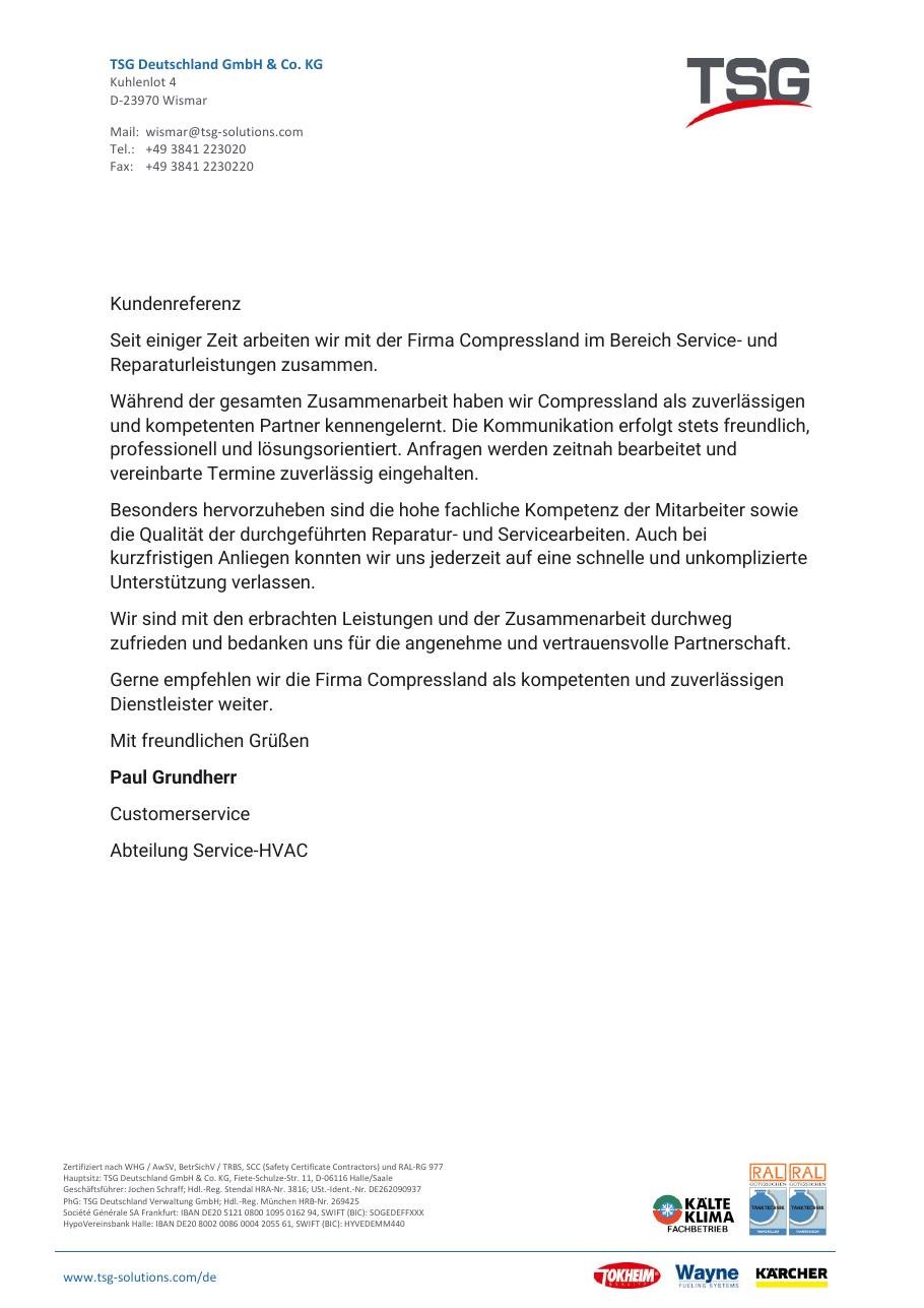 List referencyjny od TSG Deutschland GmbH & Co. KG dla Compressland