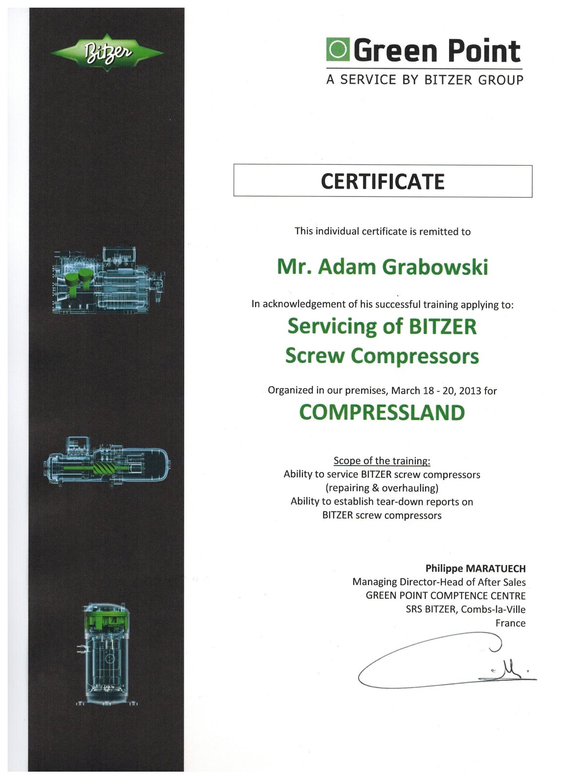 Certyfikat serwisowy BITZER Green Point dla sprężarek śrubowych