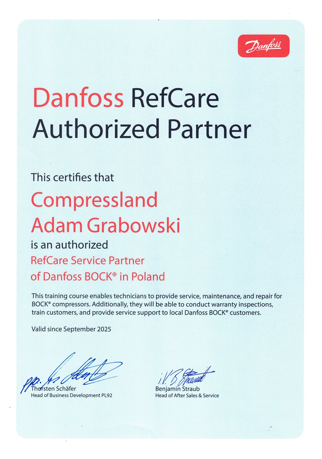 Certyfikat Danfoss RefCare Authorized Partner