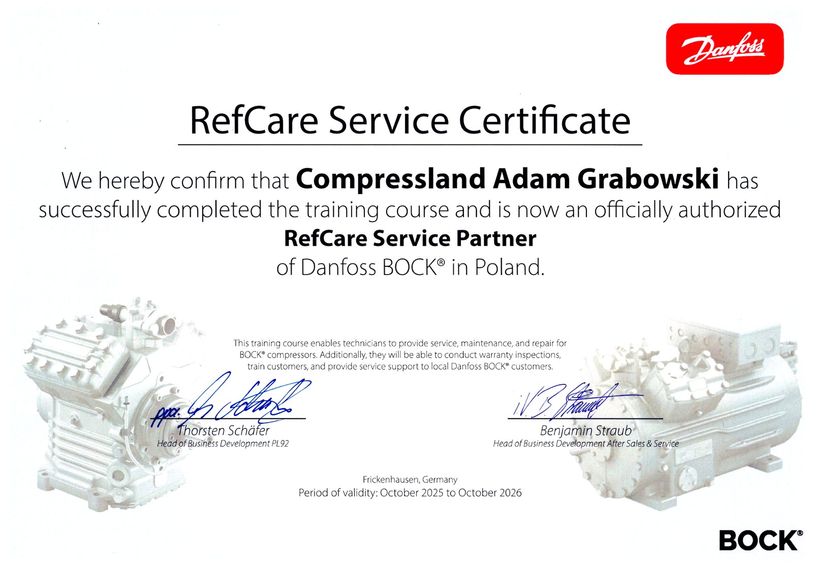 Certyfikat Danfoss RefCare Service Partner dla sprężarek BOCK