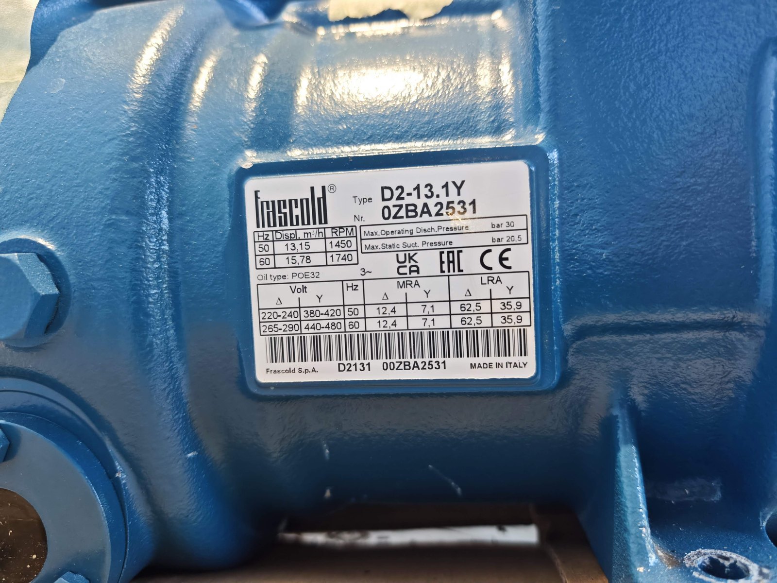 Tabliczka znamionowa sprężarki Frascold D2-13.1Y